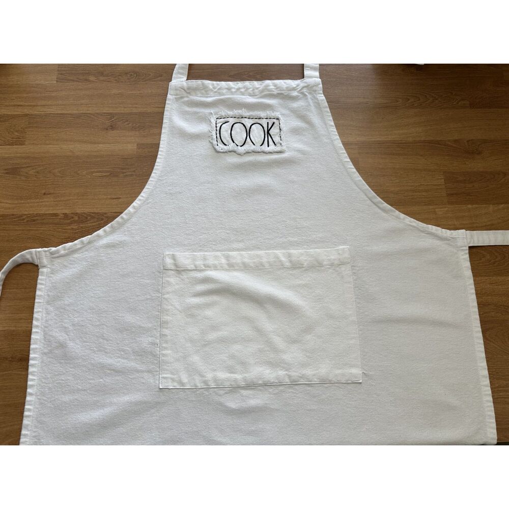 Rae Dunn COOK Apron White Canvas Kitchen Apron Adjustable Strap Front Pocket